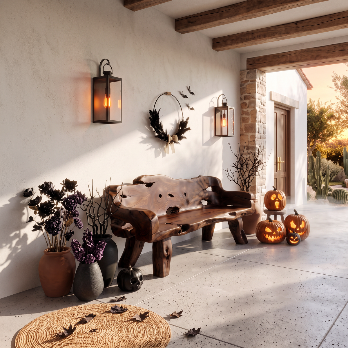 Victorian Halloween Outdoor Bench With Ornamental Curved Backrest For Garden