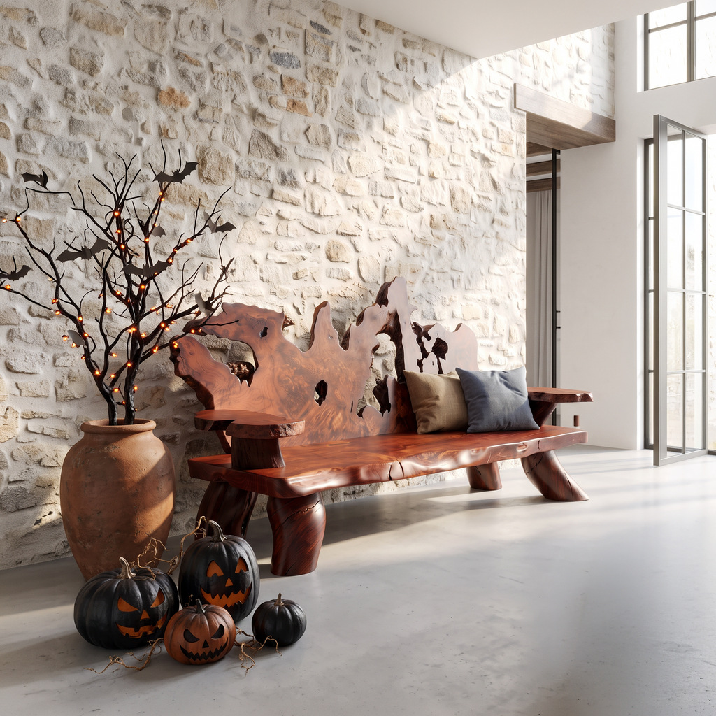 Rustic Halloween Garden Bench With Branch Inspired Backrest For Patio