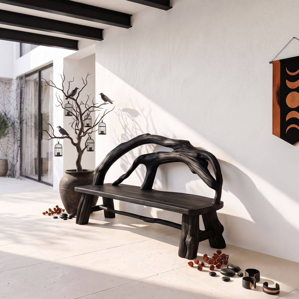 Rustic Halloween Patio Bench With Carved Vine Inspired Back For Porch