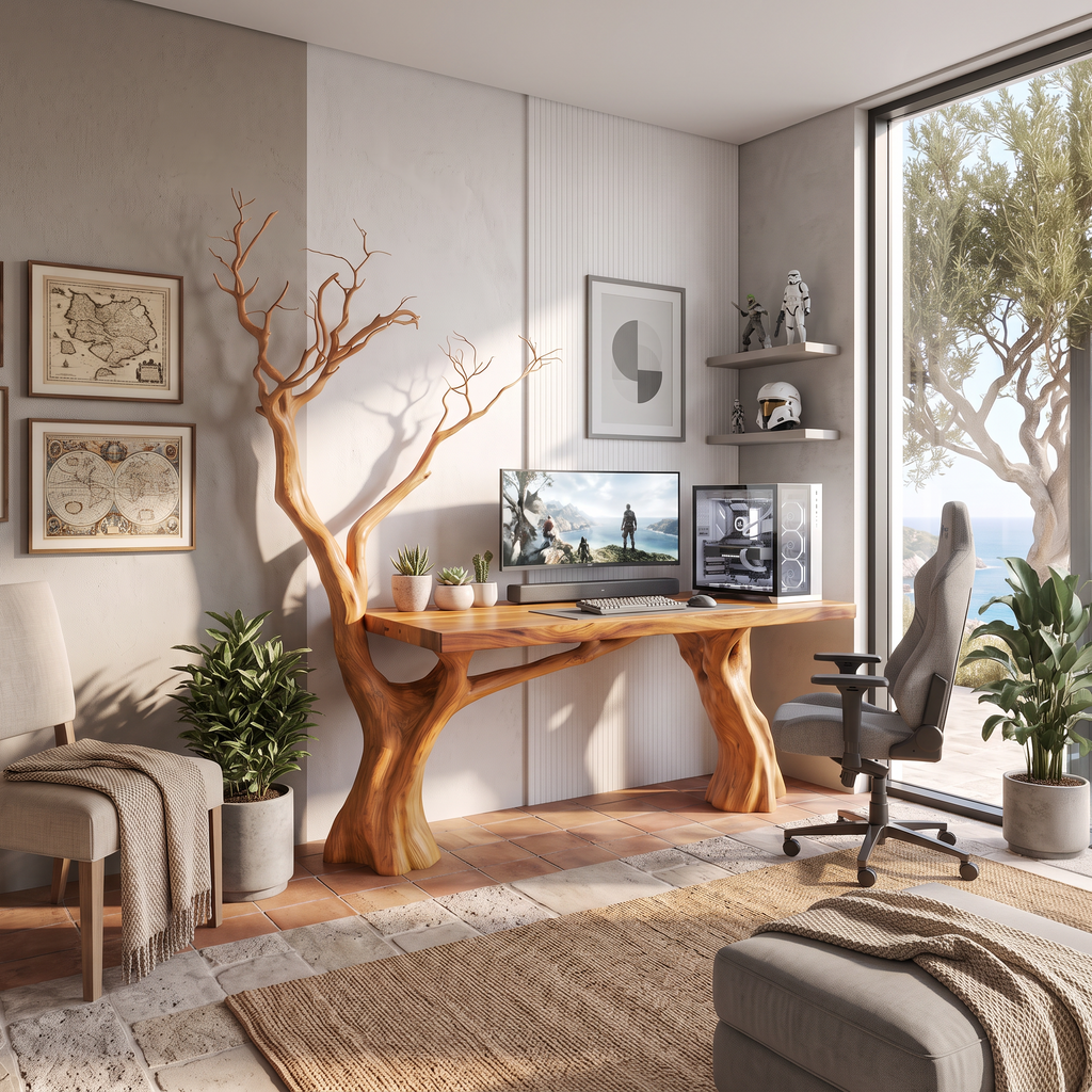 Rustic Computer Desk With Artistic Branch Inspired Base For Home Office
