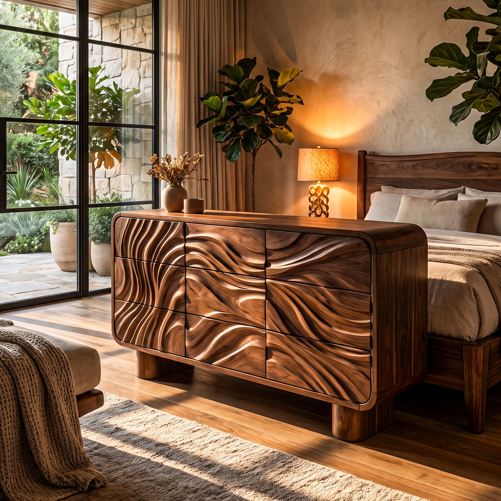 Contemporary Bedroom Dresser Drawers With Sculpted Wave Pattern And Curved Corners For Bedroom