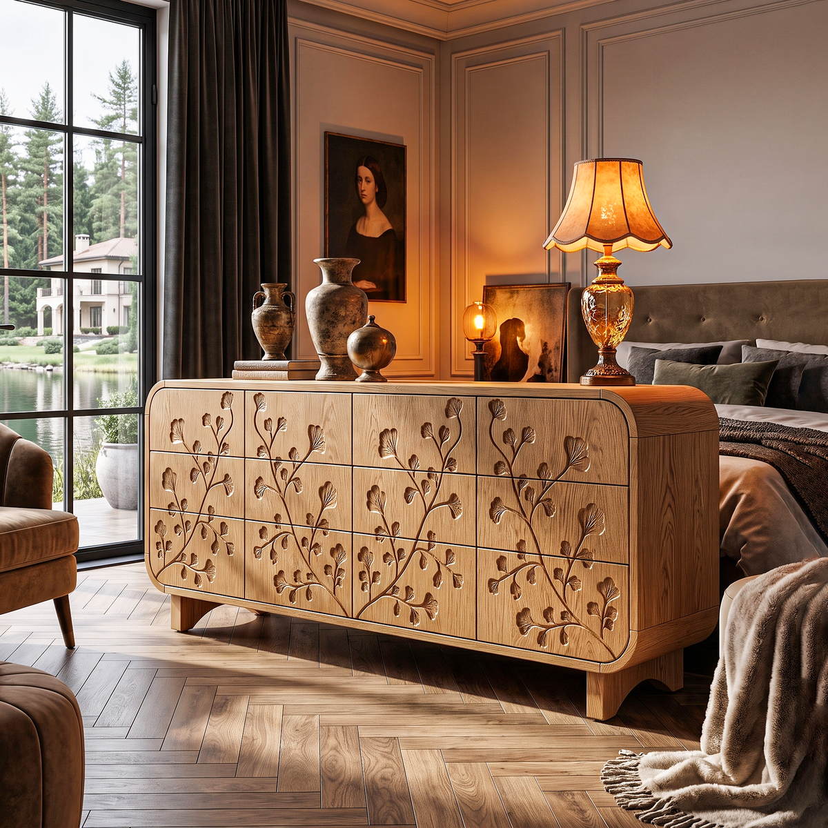 Minimalist All Wood Dresser With Subtle Leaf Carving And Soft Rounded Frame For Bedroom