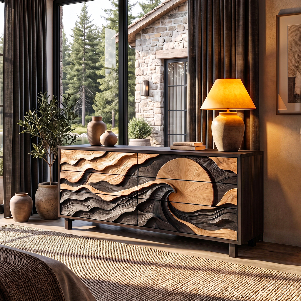 Modern Wooden Dresser With Wave Carved Drawer Fronts For Bedroom