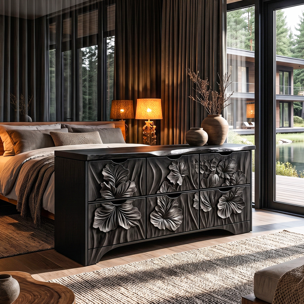 Organic Bedroom Dresser With Flowing Leaf Carved Design For Bedroom