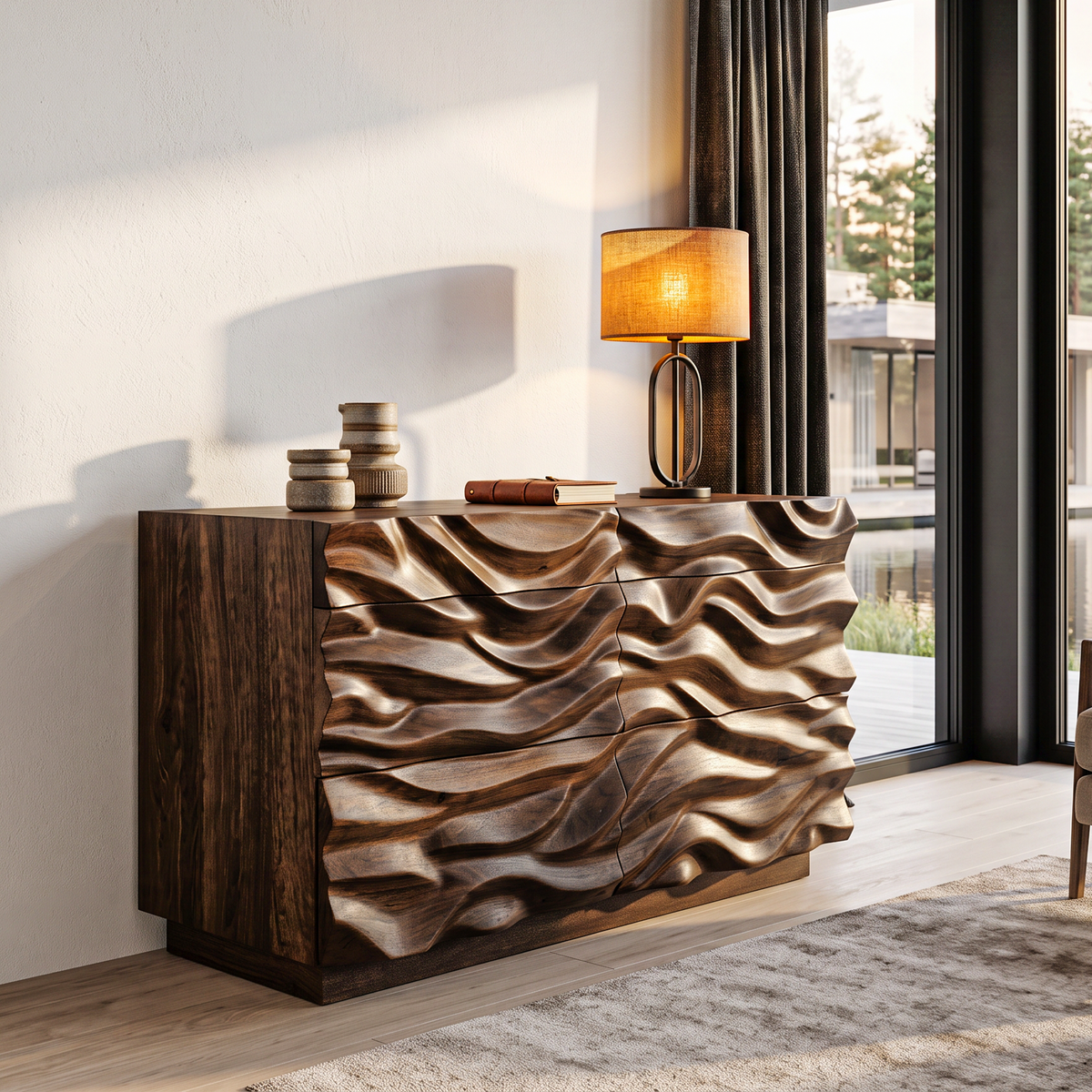 Modern Dresser With Sculpted Wave Front For Bedroom