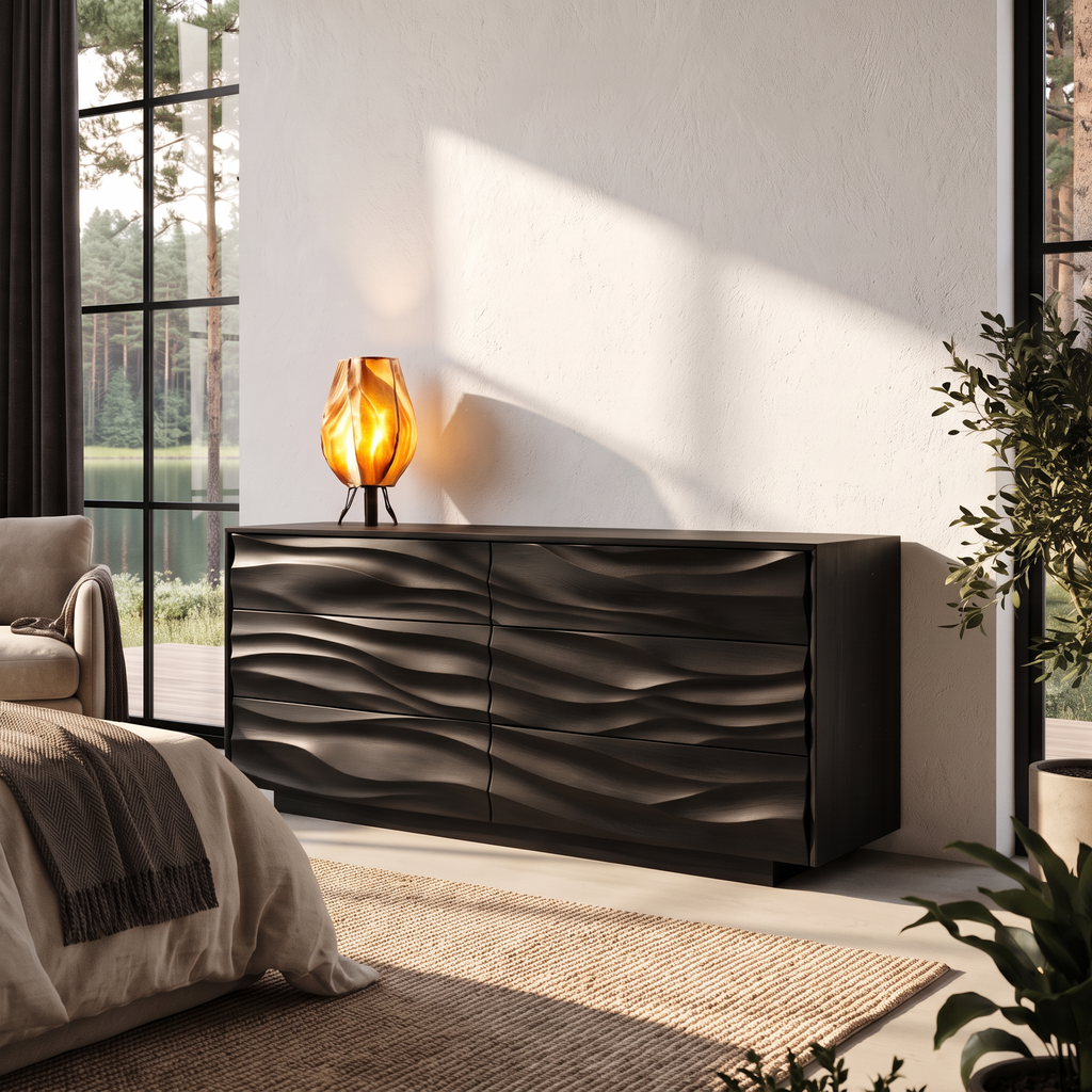 Modern Black Dresser With Wave Carved Front And Square Edge Design For Bedroom