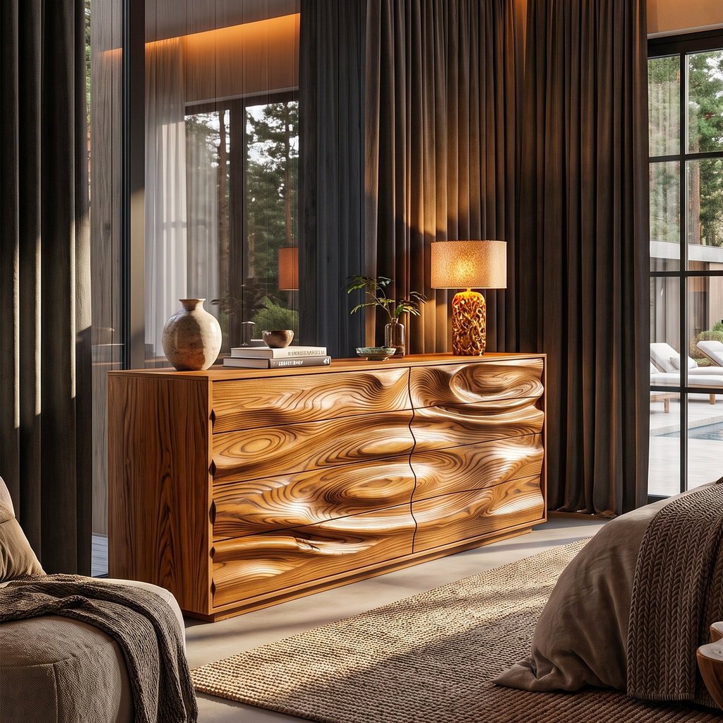 Contemporary Wooden Dresser With Sculpted Ripple Drawers For Bedroom