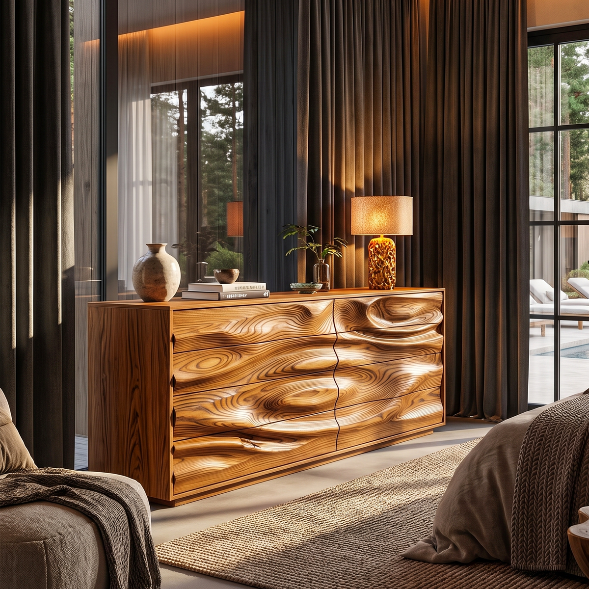 Contemporary Wooden Dresser With Sculpted Ripple Drawers For Bedroom