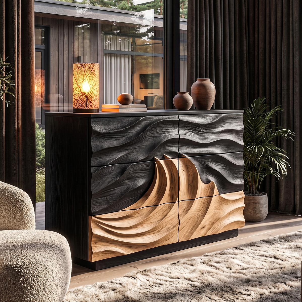 Modern Black Dresser With Light Contrast Panels For Bedroom
