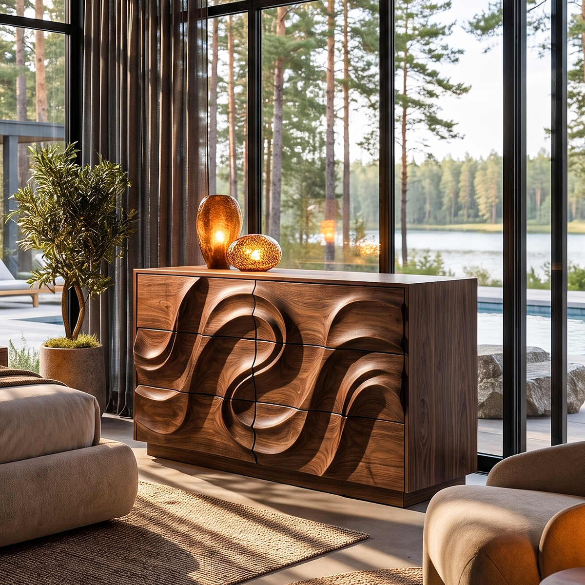 Organic Bedroom Dresser With Flowing Wave Pattern For Bedroom