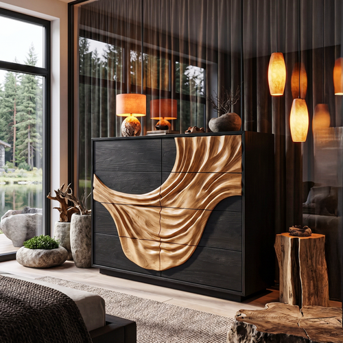 Contemporary Black Dresser With Strong Linear Detailing For Bedroom