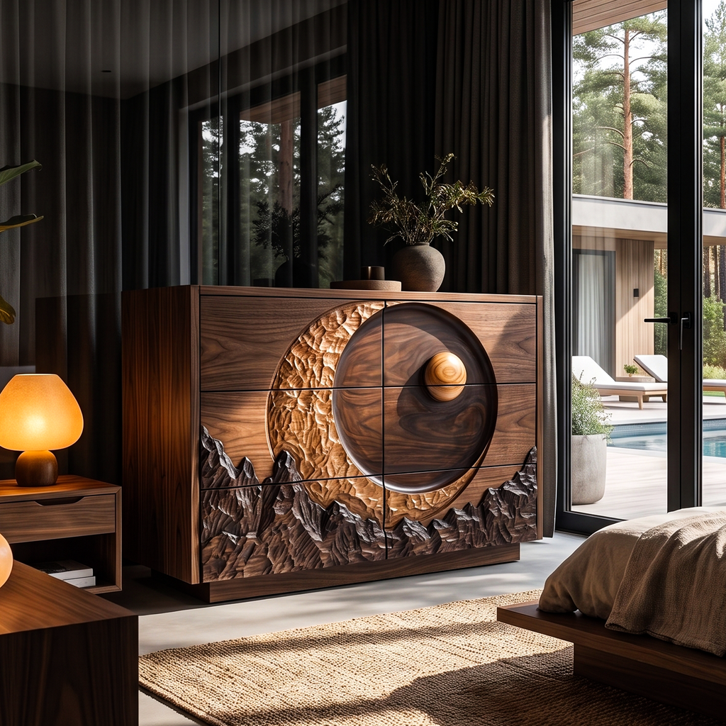 Mid Century Dresser With Celestial Eclipse Carving For Bedroom