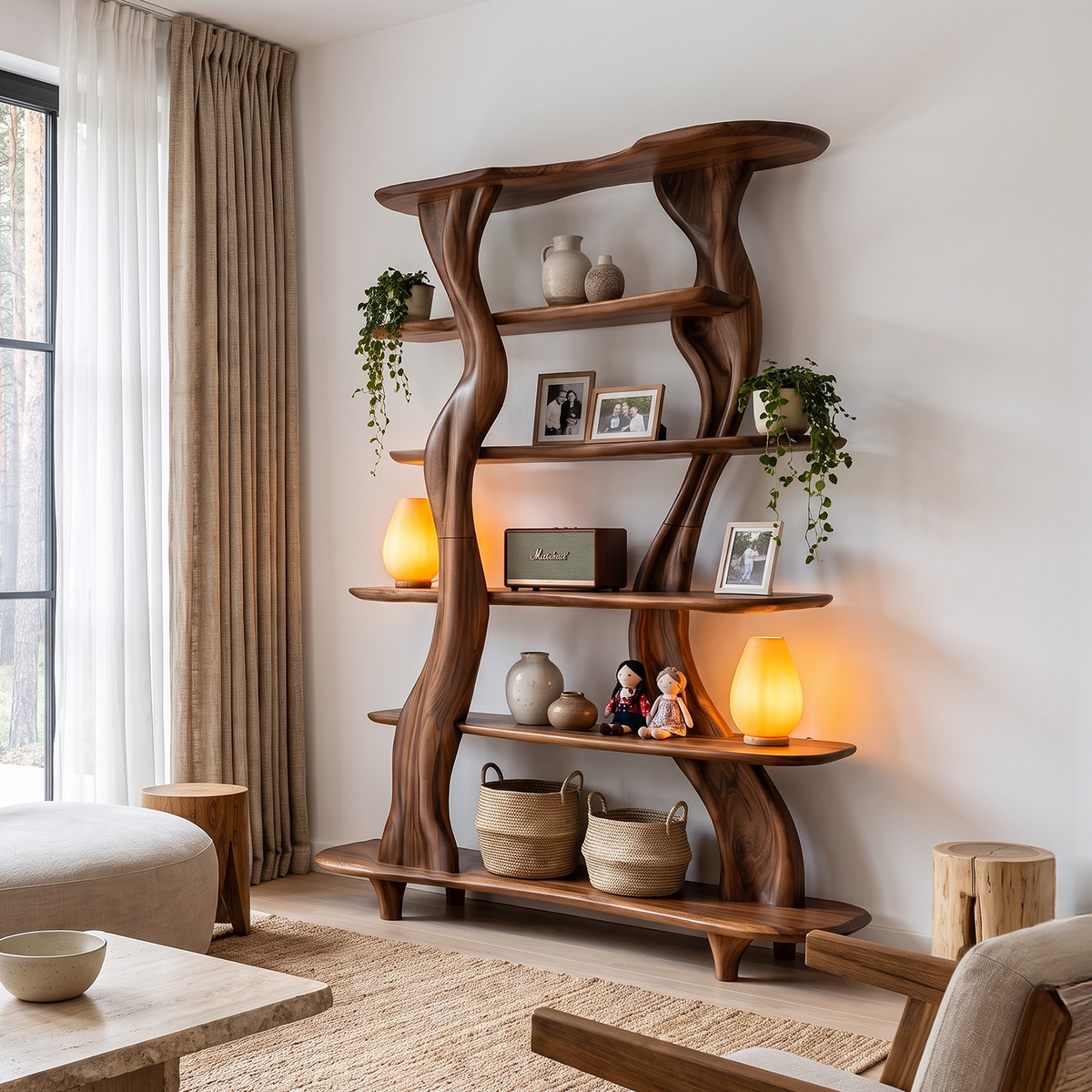 Mid Century Sculptural Bookshelf With Branch Inspired Frame For Living Room