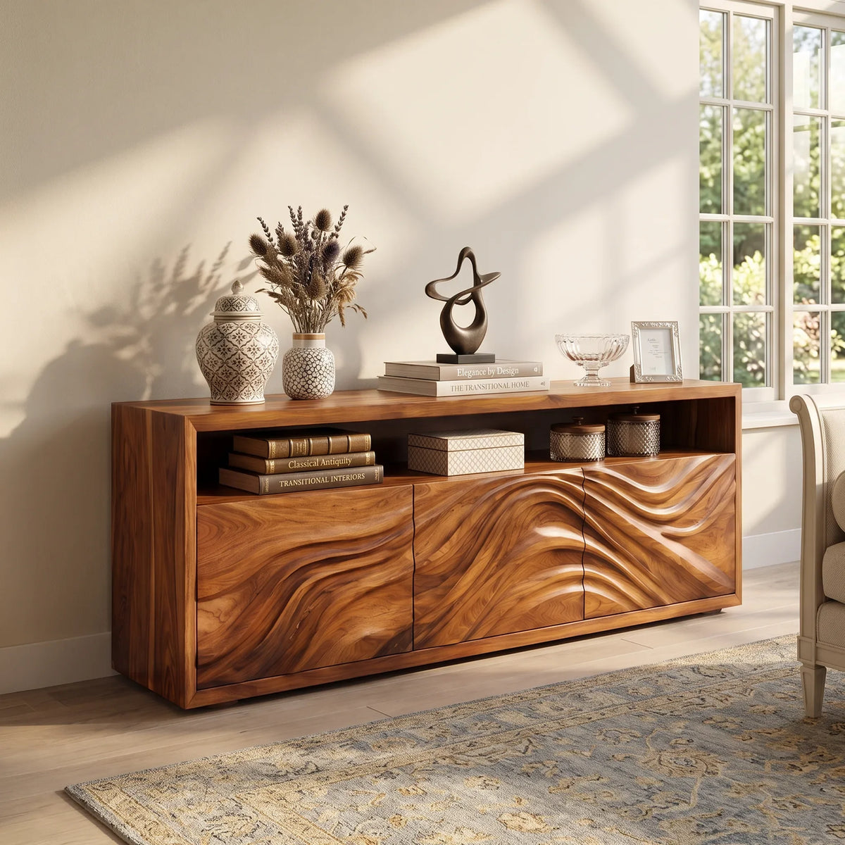 Minimalist Scalloped Carved Sideboard Bright Living Room
