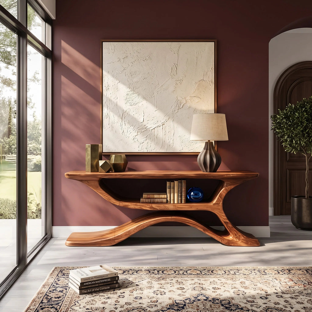 Organic Sculptural Open Shelf Console Table For Living Room
