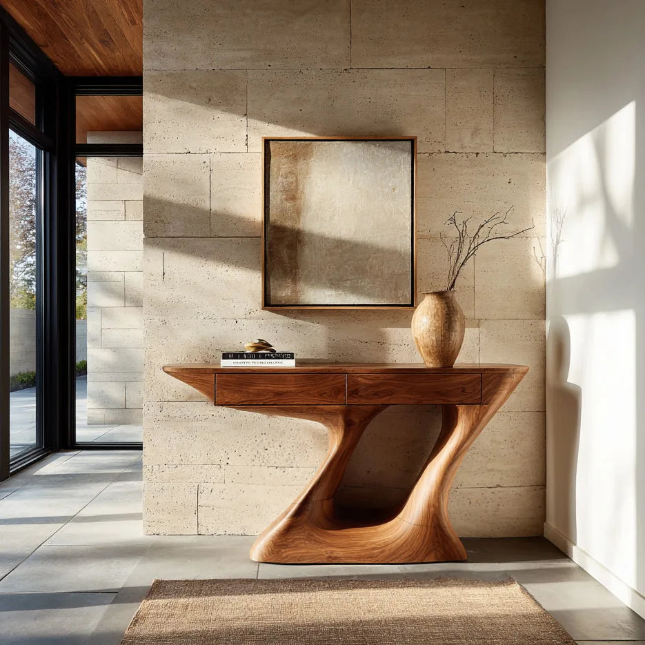 Organic Modern Sculptural Console Table With Drawers For Entryway
