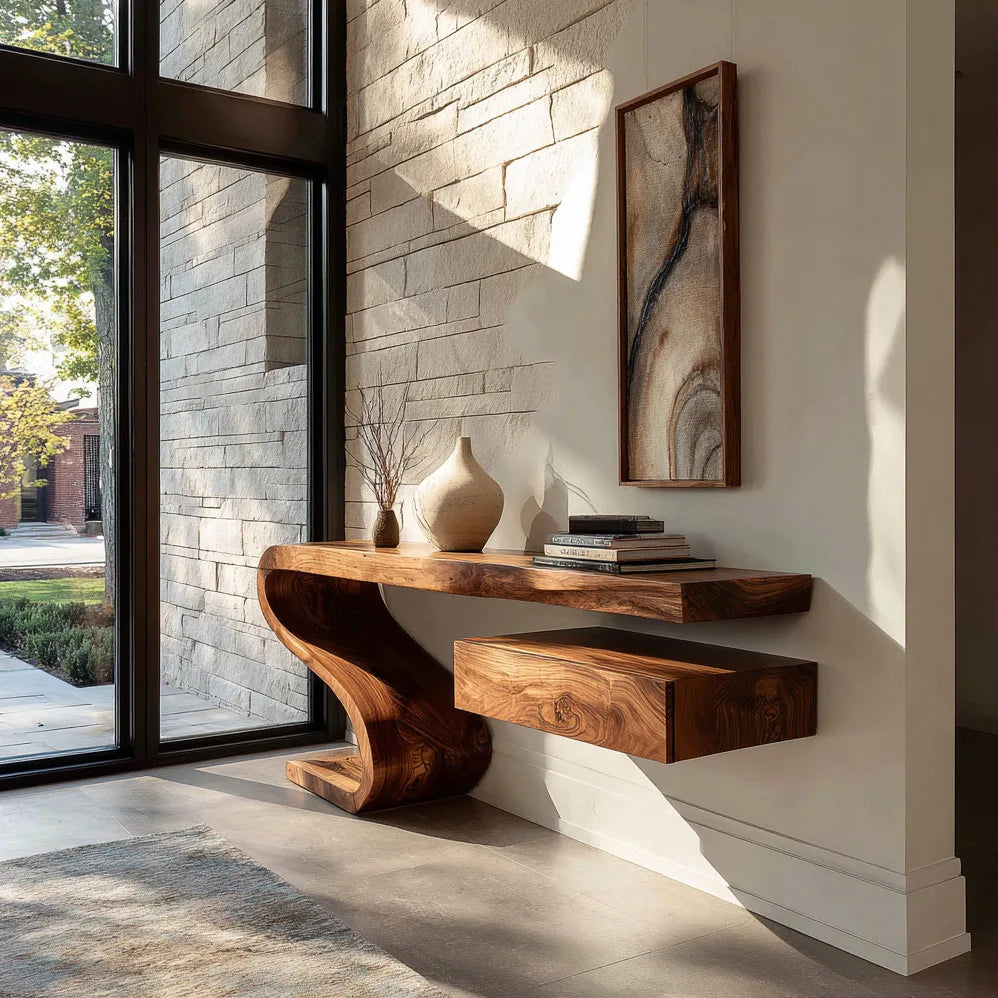 Sculptural Floating Console Table With Drawer For Entryway