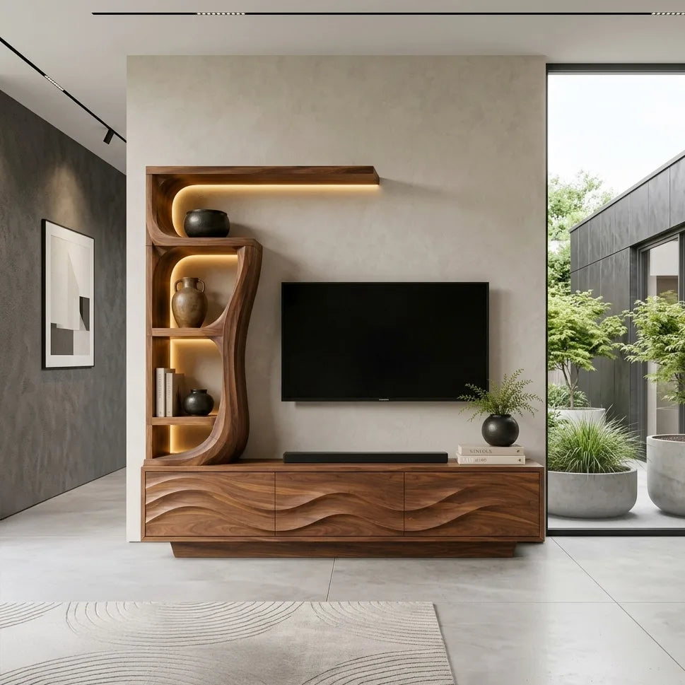 Contemporary Wave Carved Wooden TV Stand With Shelf For Living Room