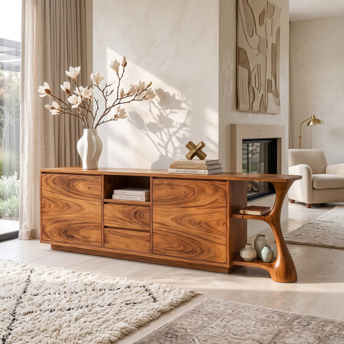 Rustic Relief Carved Sideboard Cozy Living Room