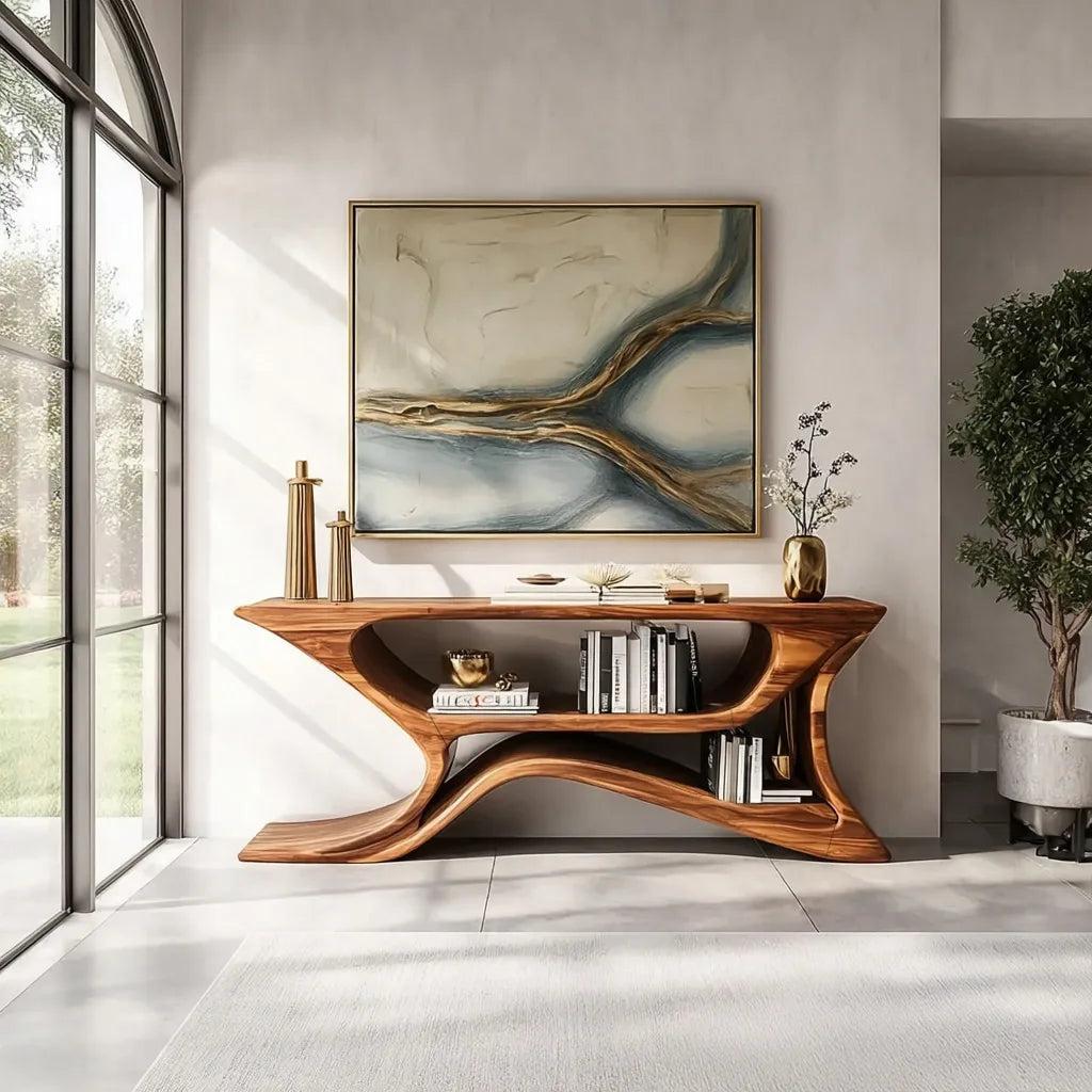 Modern Sculptural Open Shelf Console Table For Entryway