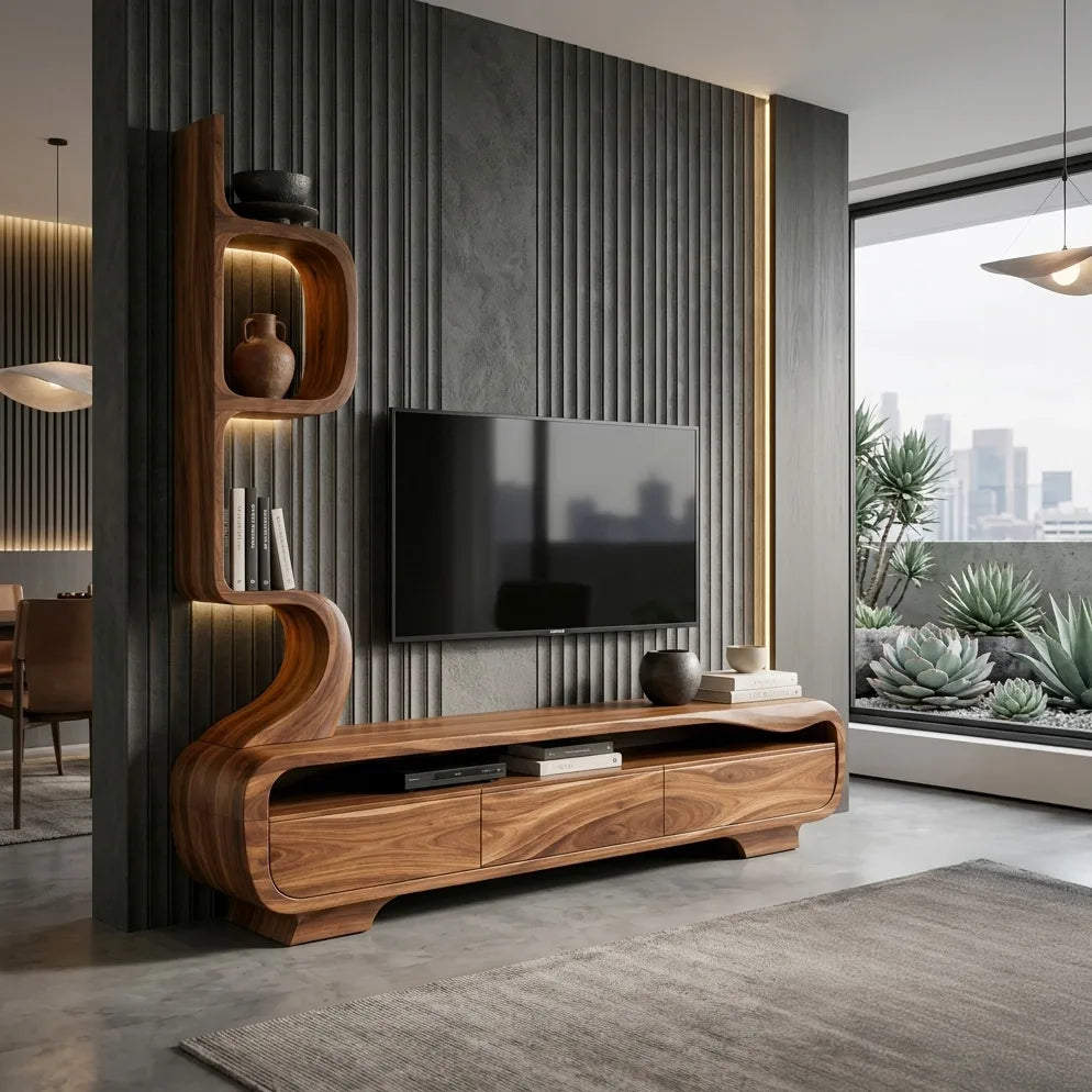 Organic Sculptural TV Console With Display Shelves For Living Room