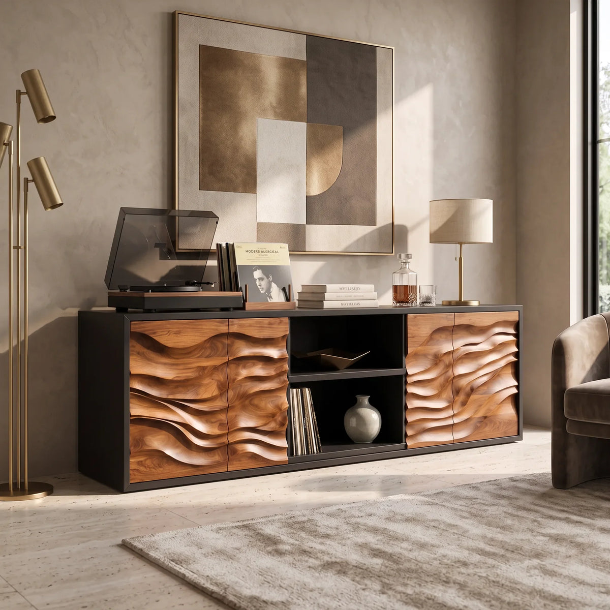 Contemporary Tall Sculpted Sideboard Bright Living Room