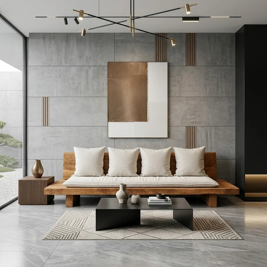 Minimalist Wooden Sofa With Cushions For Living Room