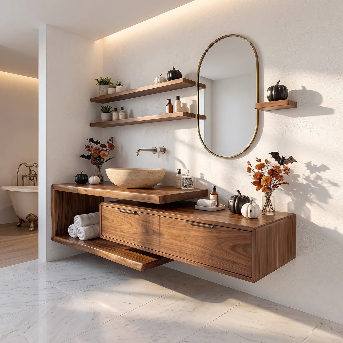 Handcrafted Mid Century Floating Vanity Primary Ensuite