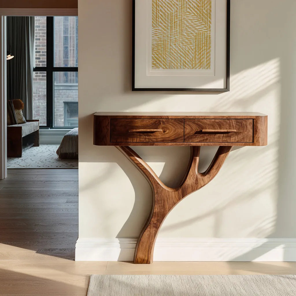 Modern Sculptural Wooden Console Table For Entryway
