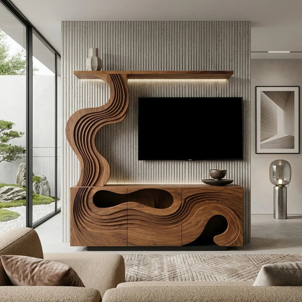Sculptural Carved Wooden TV Stand With Display Shelf For Living Room