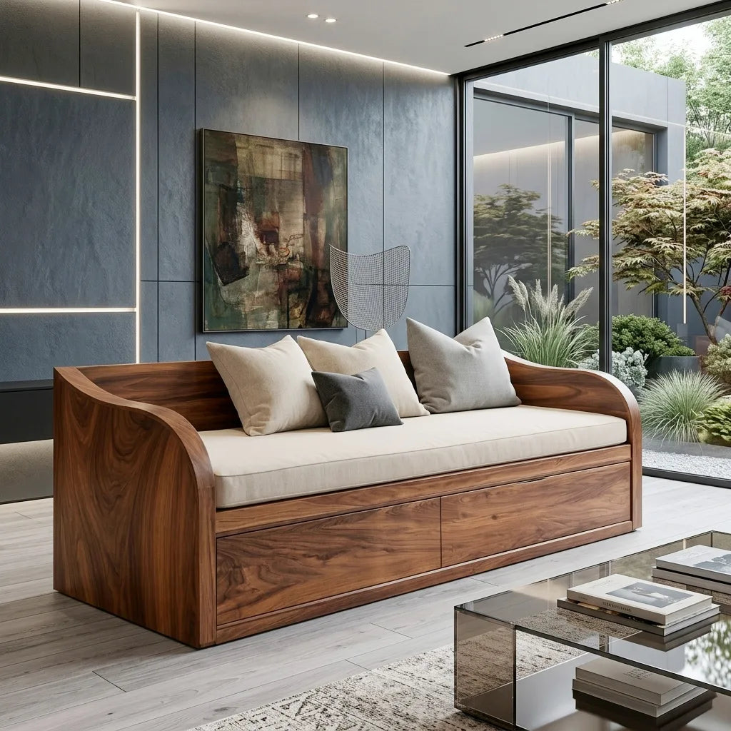Modern Wooden Sofa With Integrated Drawers For Living Room