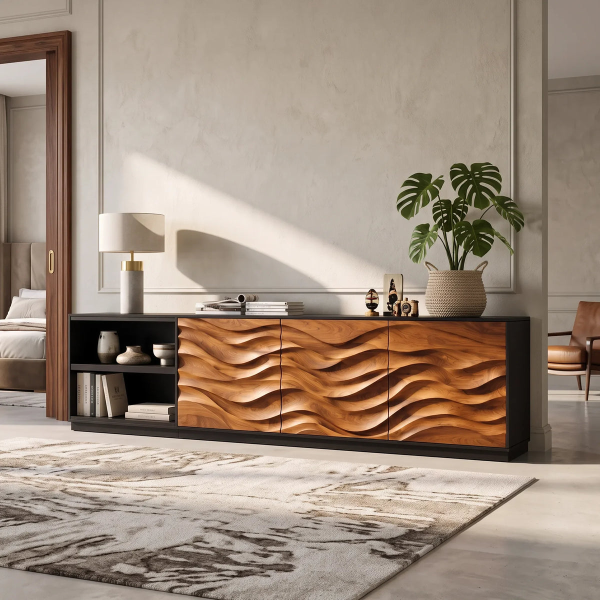 Mid Century Long Reeded Sideboard Modern Living Room