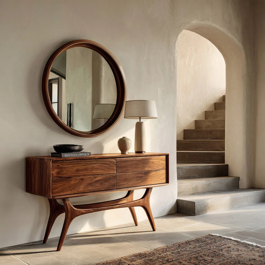 Organic Modern Curved Drawer Console Table For Entryway
