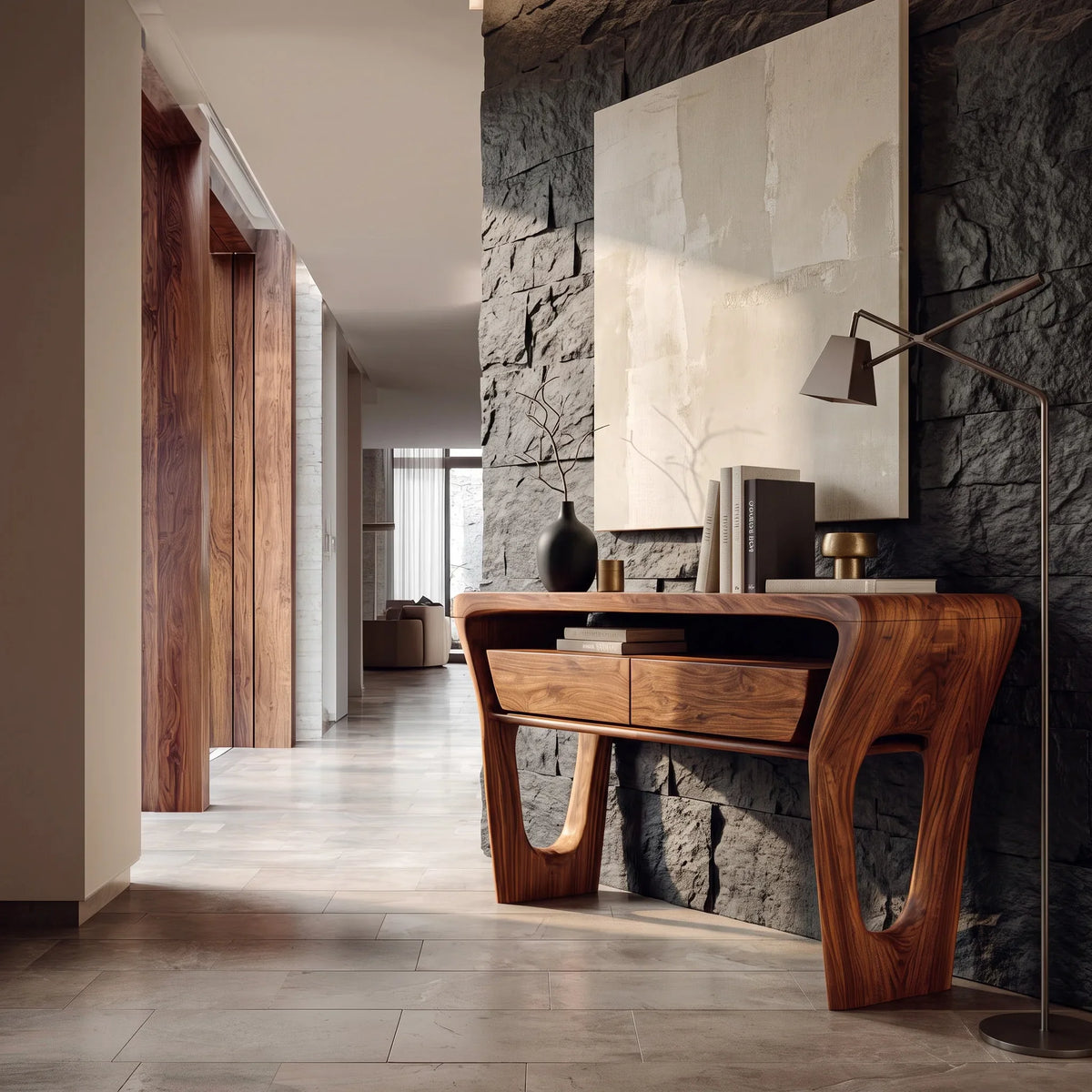 Modern Sculptural Shelf Drawer Console Table For Hallway