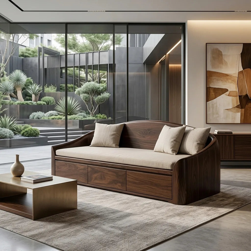 Contemporary Wooden Sofa With Drawers For Living Room