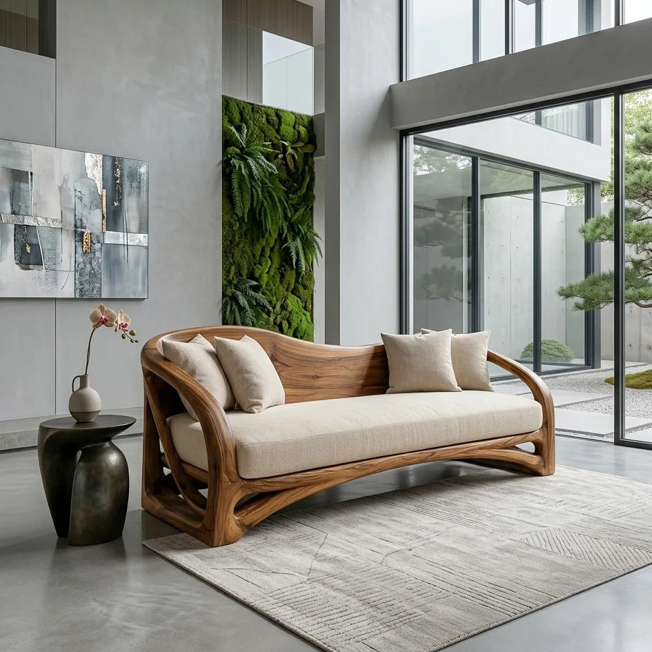 Organic Wooden Sofa With Sculptural Curved Frame For Living Room