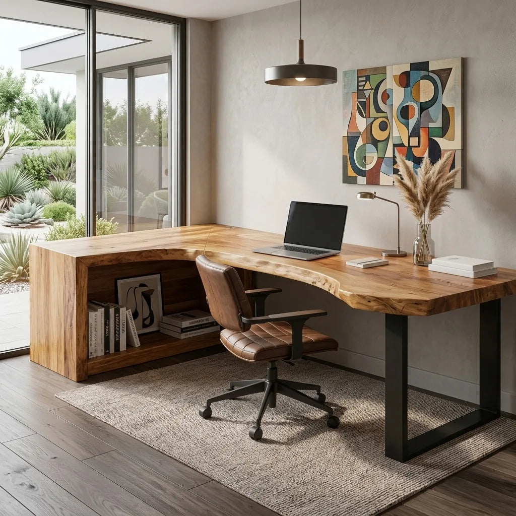 Rustic Live Edge L-Shaped Desk For Home Office