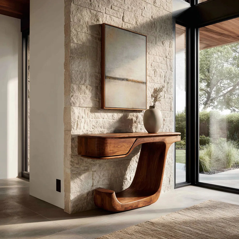 Contemporary Curved Wooden Console Table For Foyer