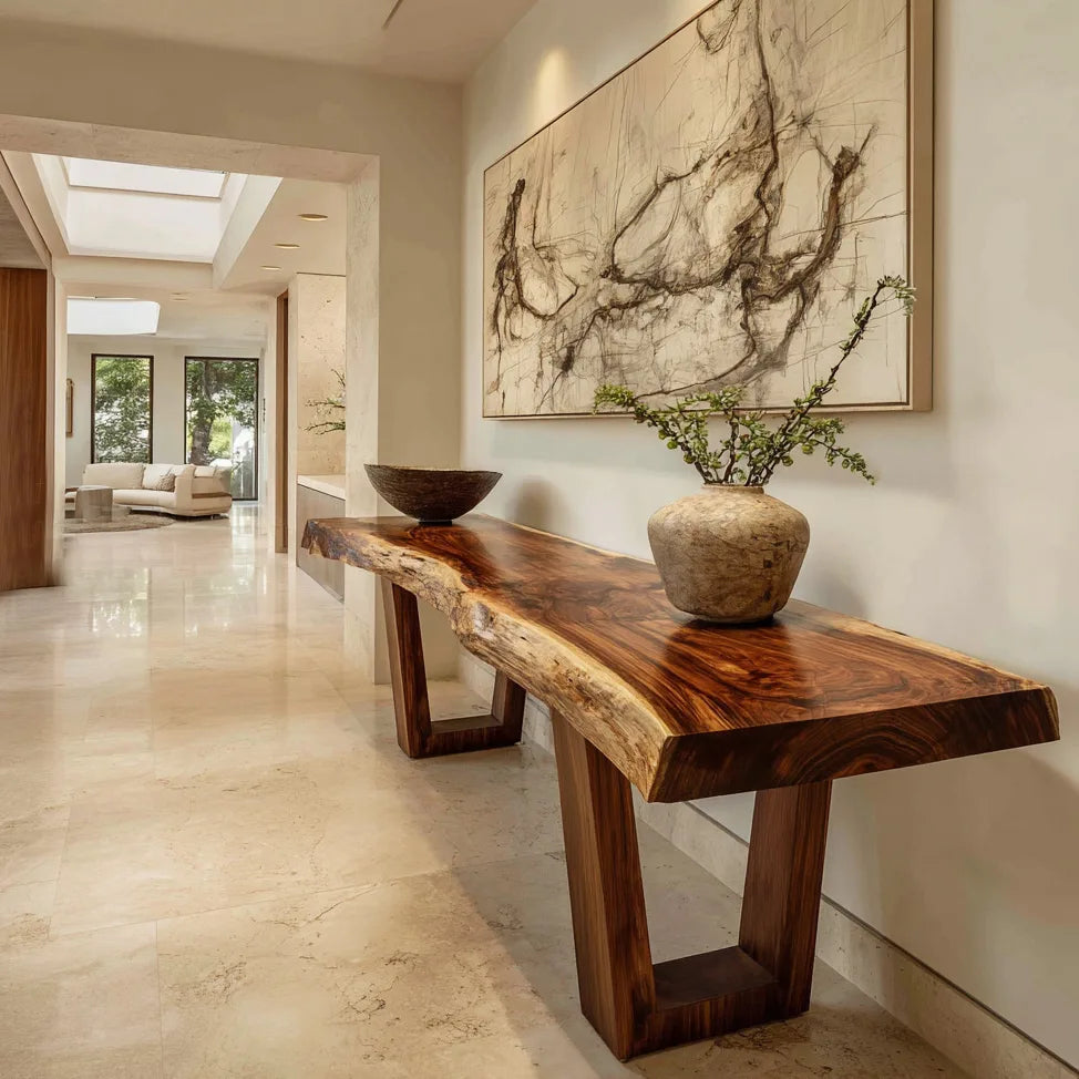 Live Edge Console Table With Geometric Legs For Hallway