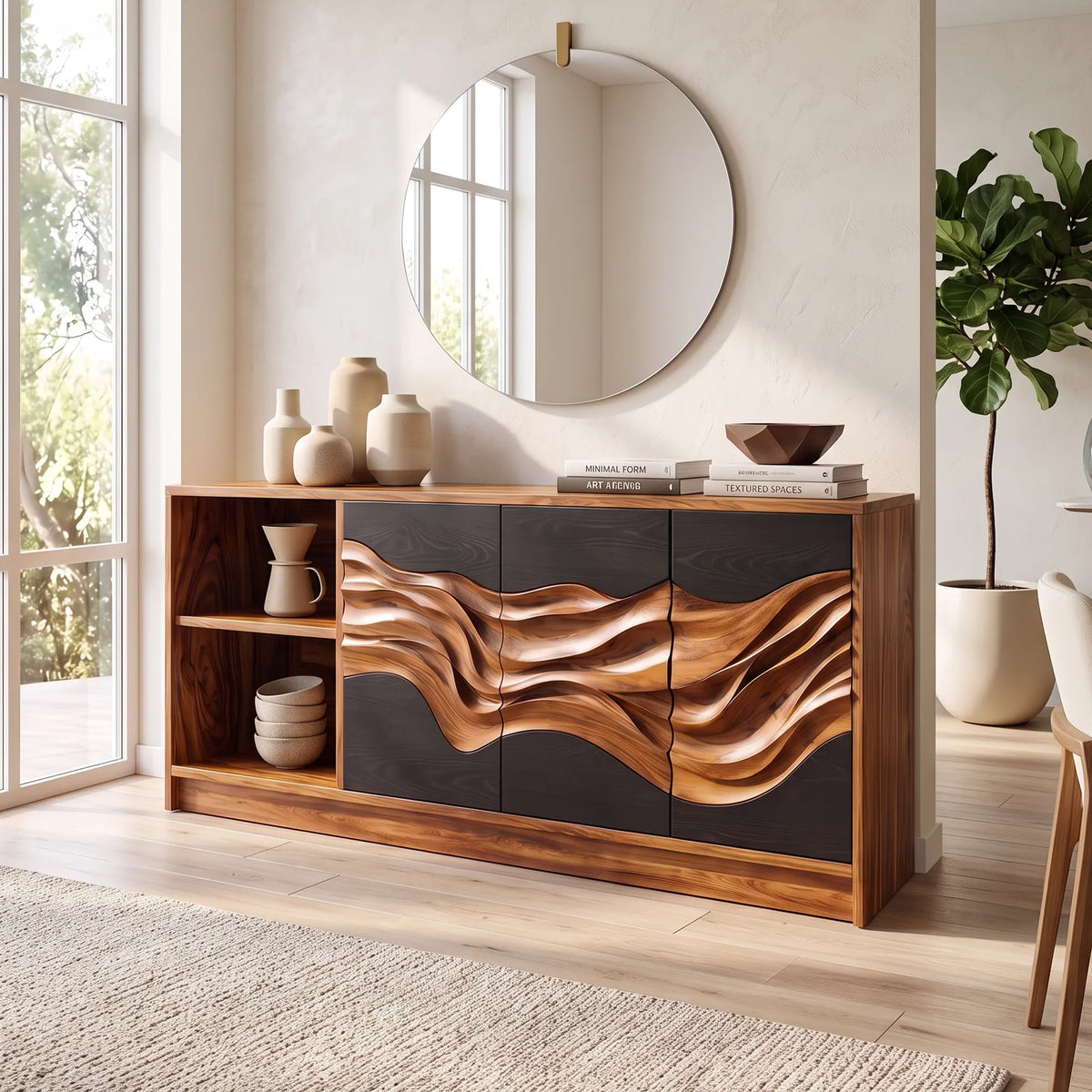 Handcrafted Ripple Carved Sideboard Cozy Dining Room