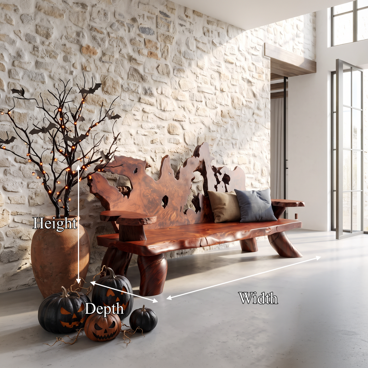 Rustic Halloween Garden Bench With Branch Inspired Backrest For Patio
