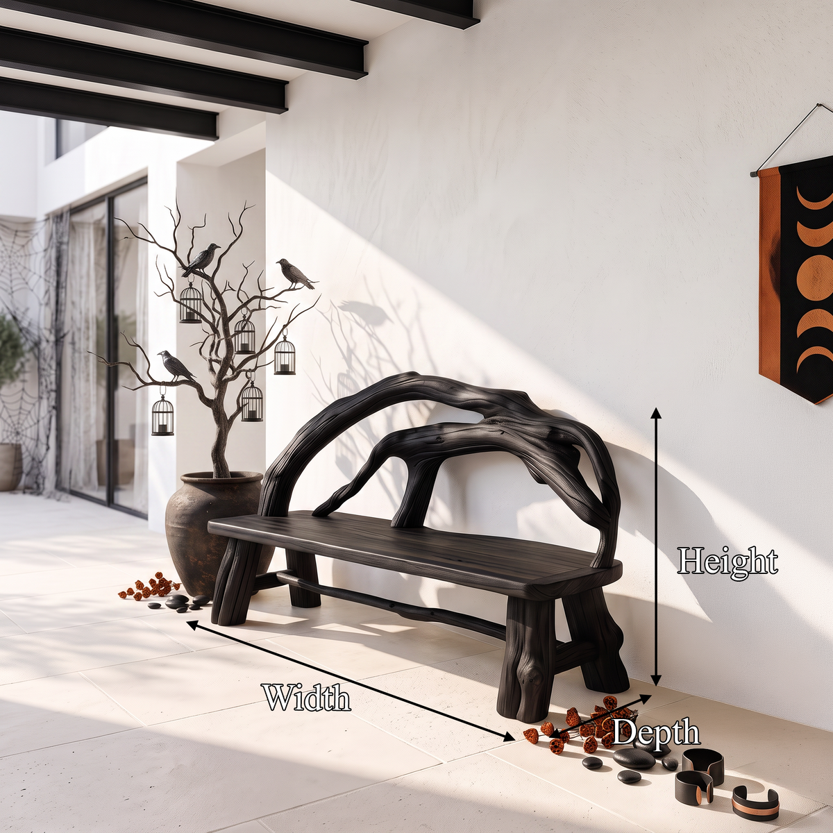Rustic Halloween Patio Bench With Carved Vine Inspired Back For Porch