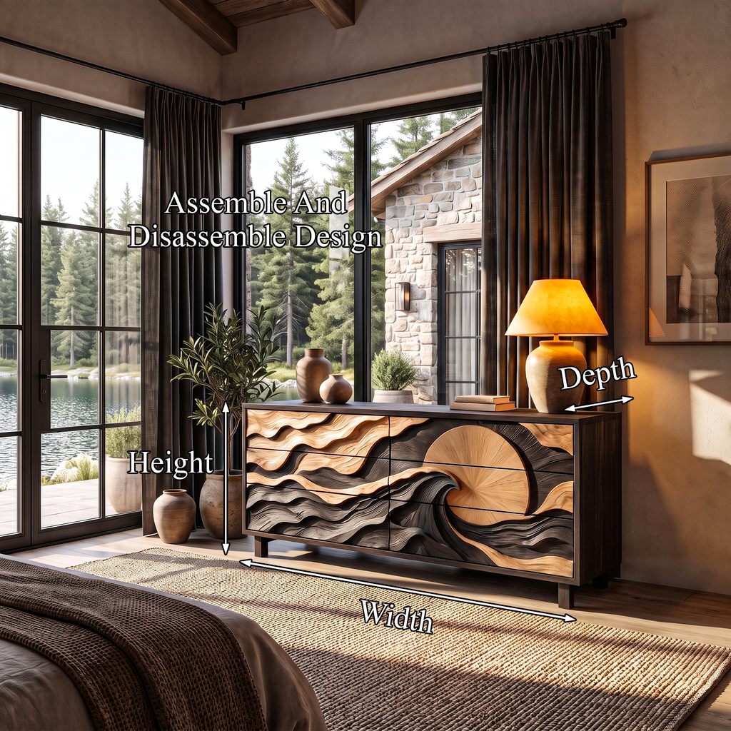 Modern Wooden Dresser With Wave Carved Drawer Fronts For Bedroom