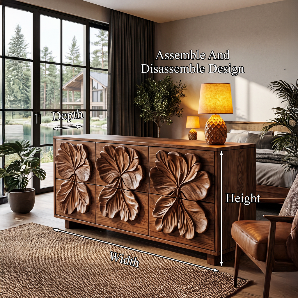 Rustic Bedroom Dresser With Hand Carved Floral Drawer Fronts And Natural Form For Bedroom