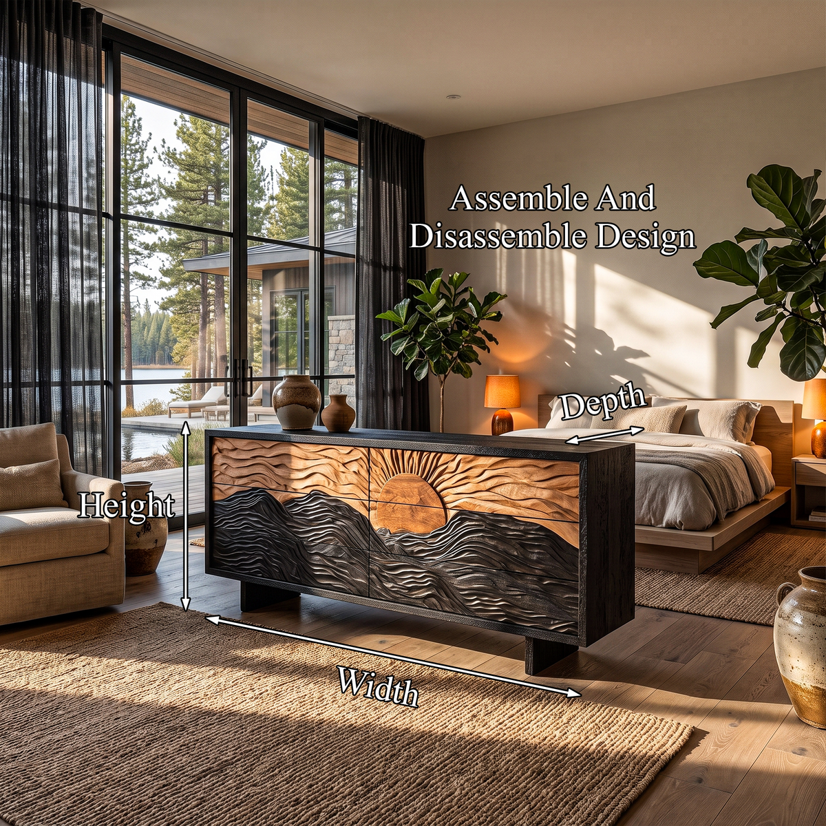 Modern Black Dresser With Mountain Landscape Carved Front For Bedroom
