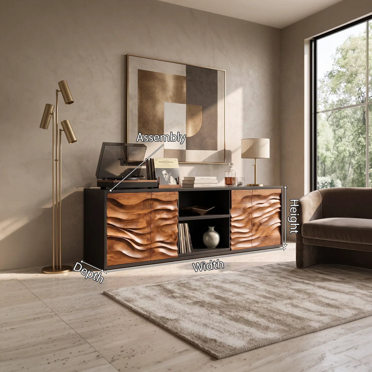 Contemporary Tall Sculpted Sideboard Bright Living Room