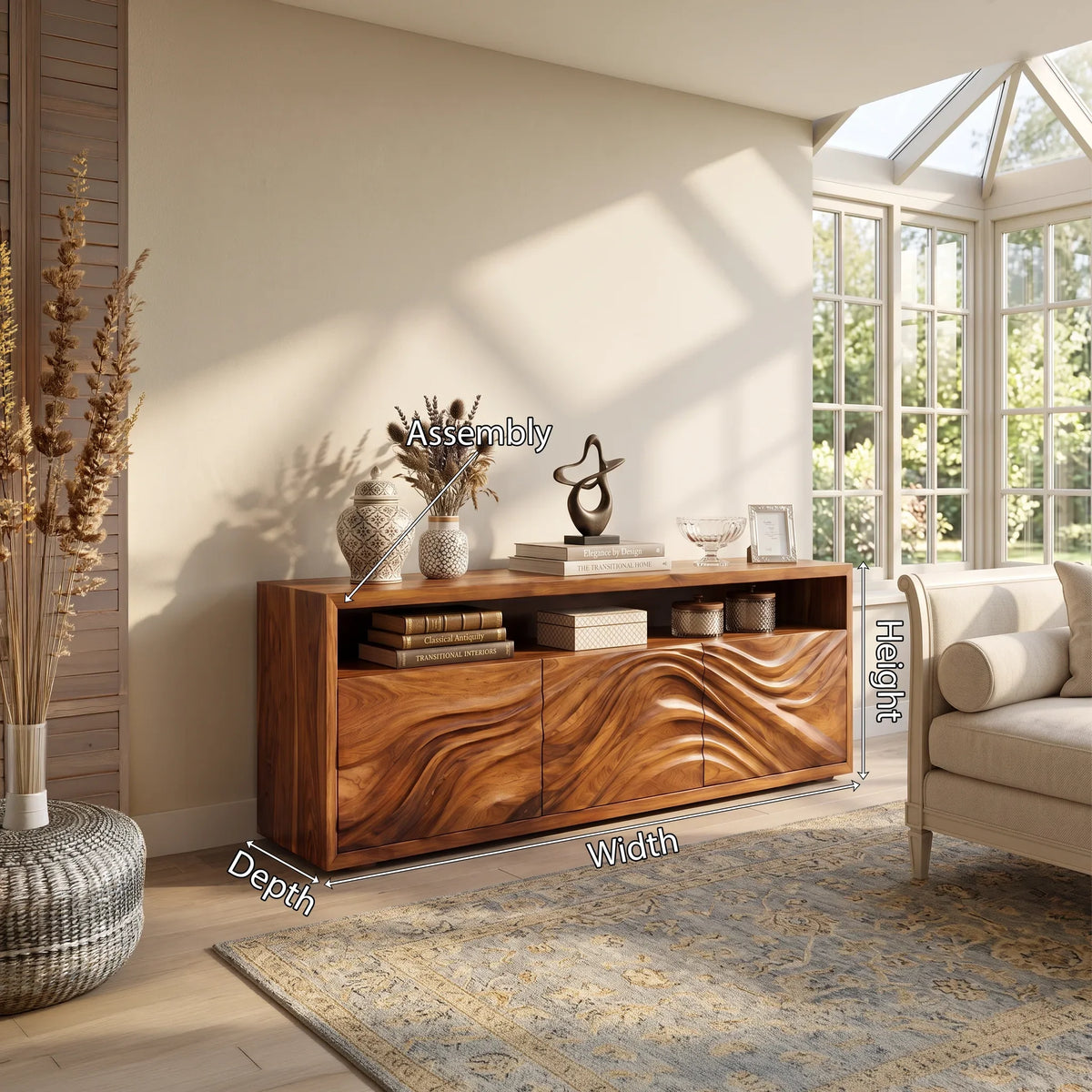 Minimalist Scalloped Carved Sideboard Bright Living Room