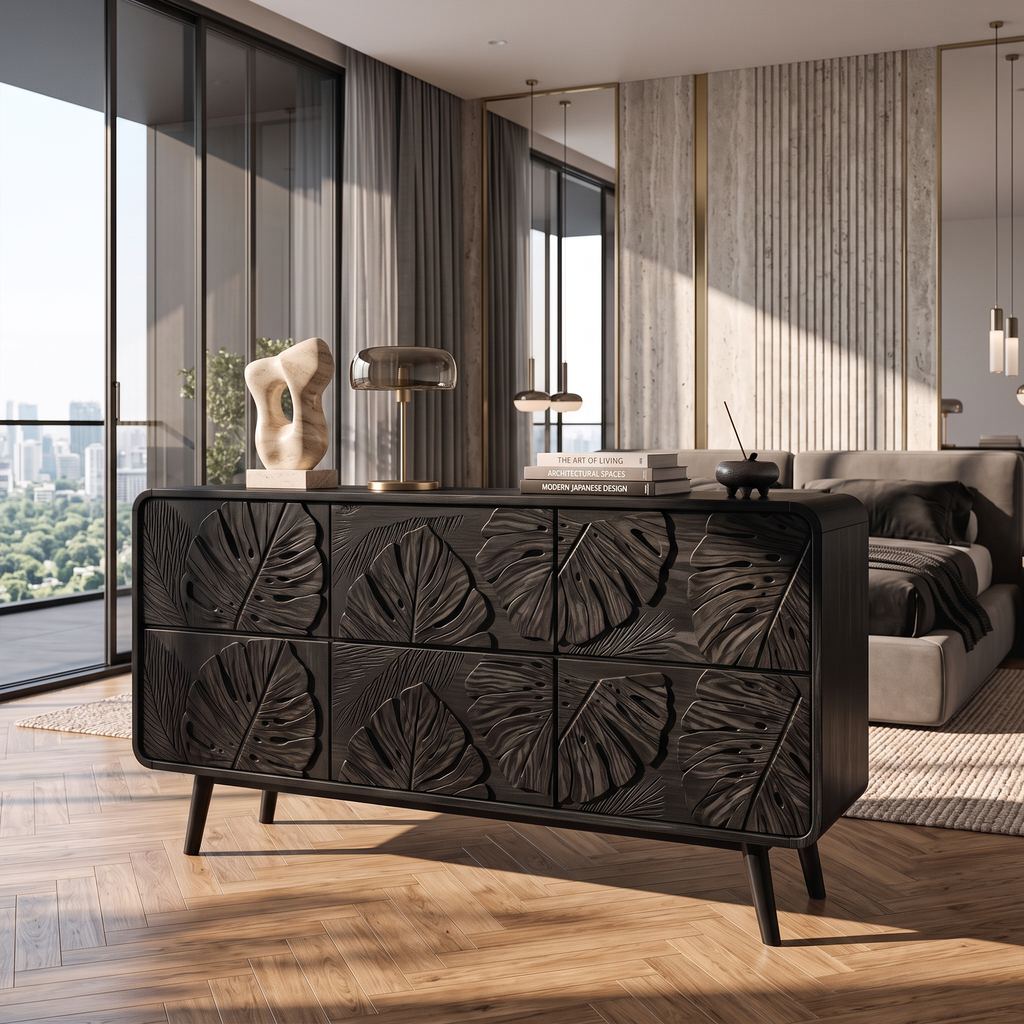 Rustic Dresser With Carved Floral Front For Bed Room
