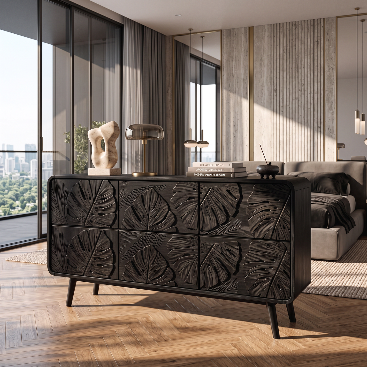 Rustic Dresser With Carved Floral Front For Bed Room