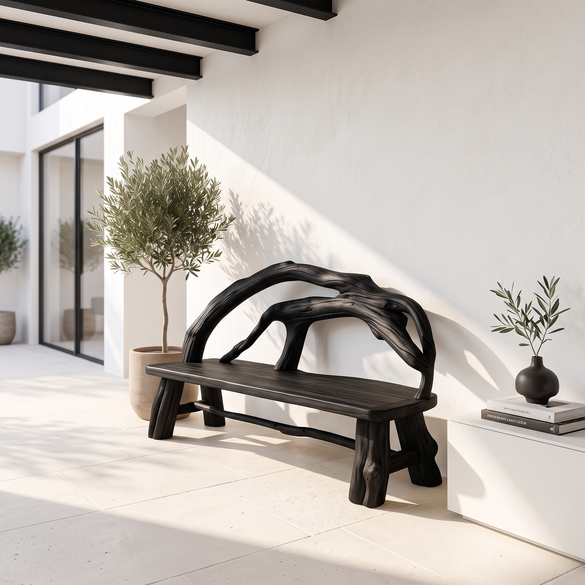 Rustic Halloween Patio Bench With Carved Vine Inspired Back For Porch